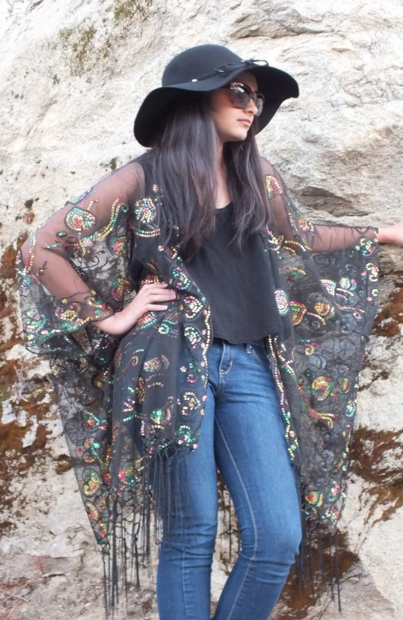 Black Multi-color Sequin Vine Leaf Kimono Top