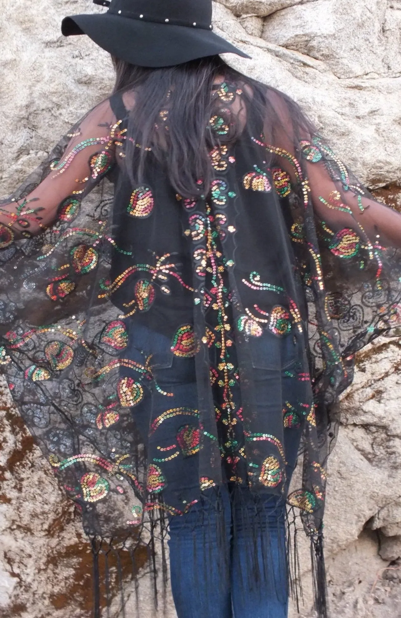 Black Multi-color Sequin Vine Leaf Kimono Top