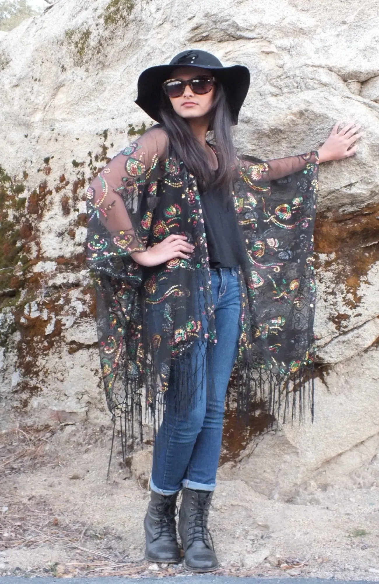 Black Multi-color Sequin Vine Leaf Kimono Top