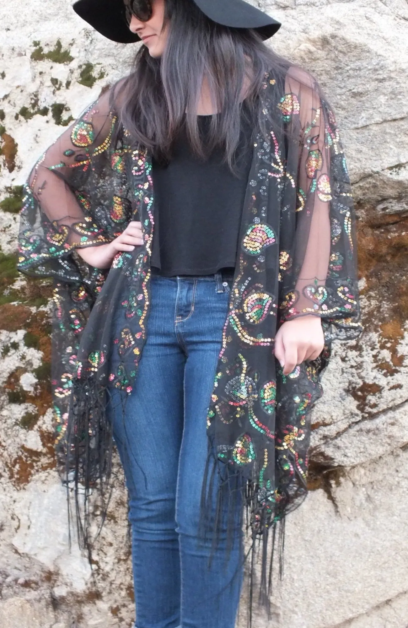 Black Multi-color Sequin Vine Leaf Kimono Top