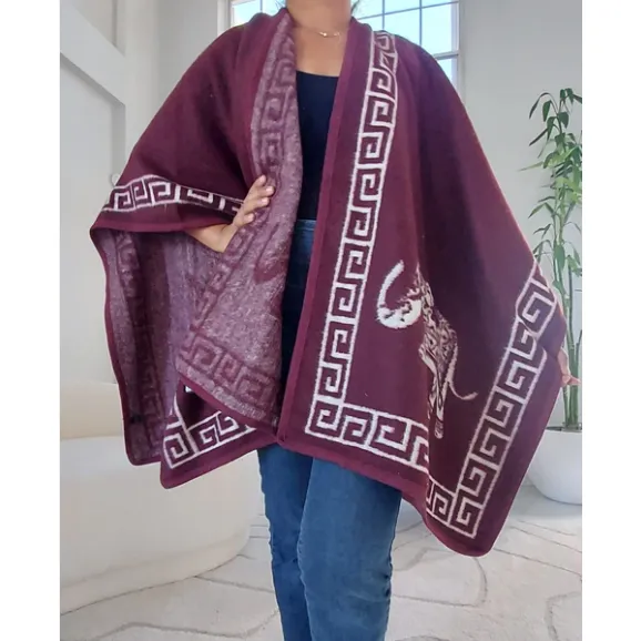 Blanket Shawl/ Poncho Reversible Two Tone Throw- Elephant Print Sweater
