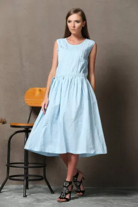 Blue Linen Dress - Powder Blue Sleeveless Pintuck Midi Length Summer Dress with Drawstring Waist C549
