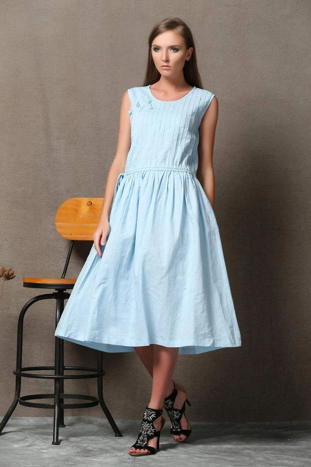 Blue Linen Dress - Powder Blue Sleeveless Pintuck Midi Length Summer Dress with Drawstring Waist C549