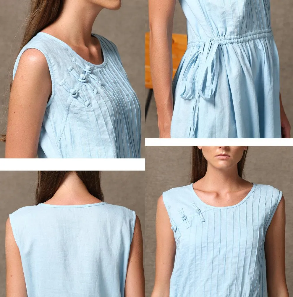Blue Linen Dress - Powder Blue Sleeveless Pintuck Midi Length Summer Dress with Drawstring Waist C549