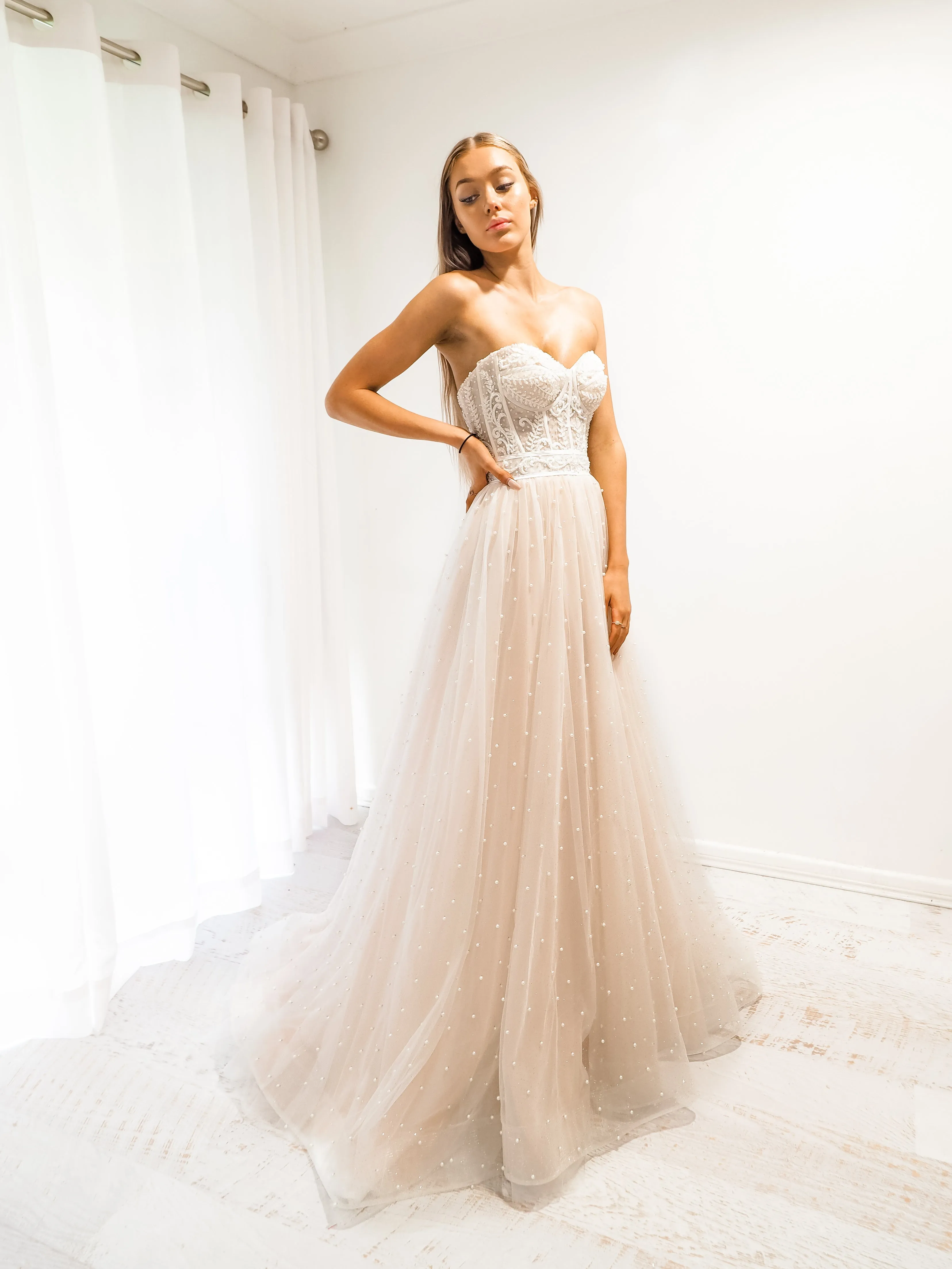 Blush tulle bustier corset dress