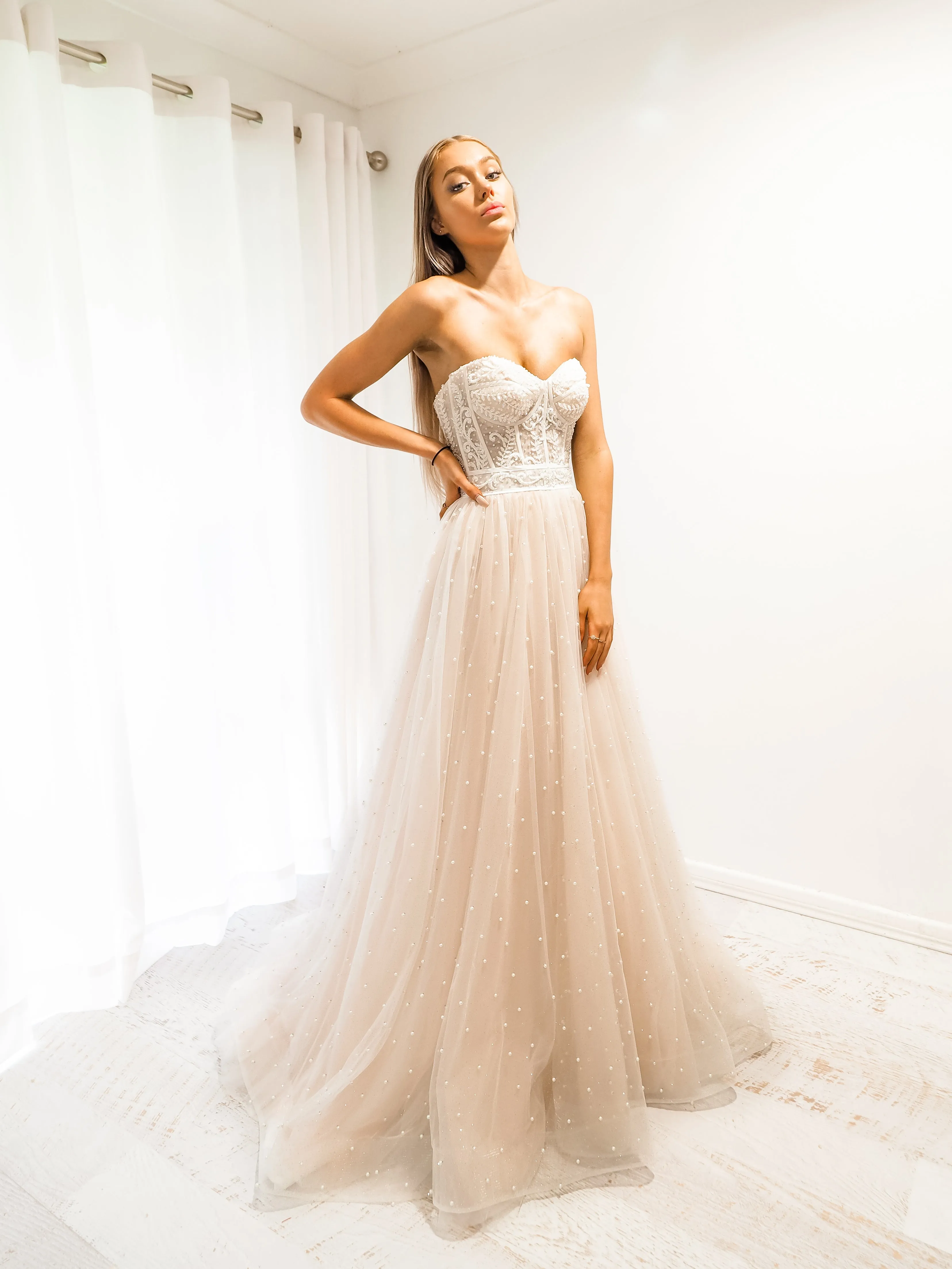 Blush tulle bustier corset dress