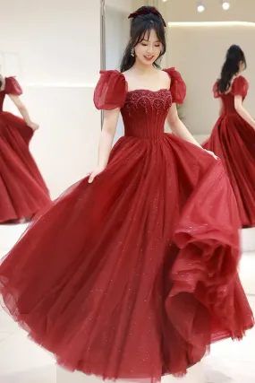 Burgundy Tulle Beaded Long Prom Dress, A-Line Short Sleeve Evening Dress