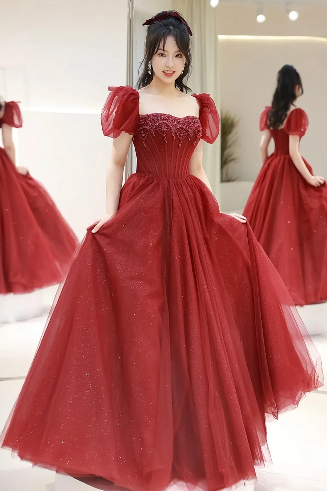 Burgundy Tulle Beaded Long Prom Dress, A-Line Short Sleeve Evening Dress