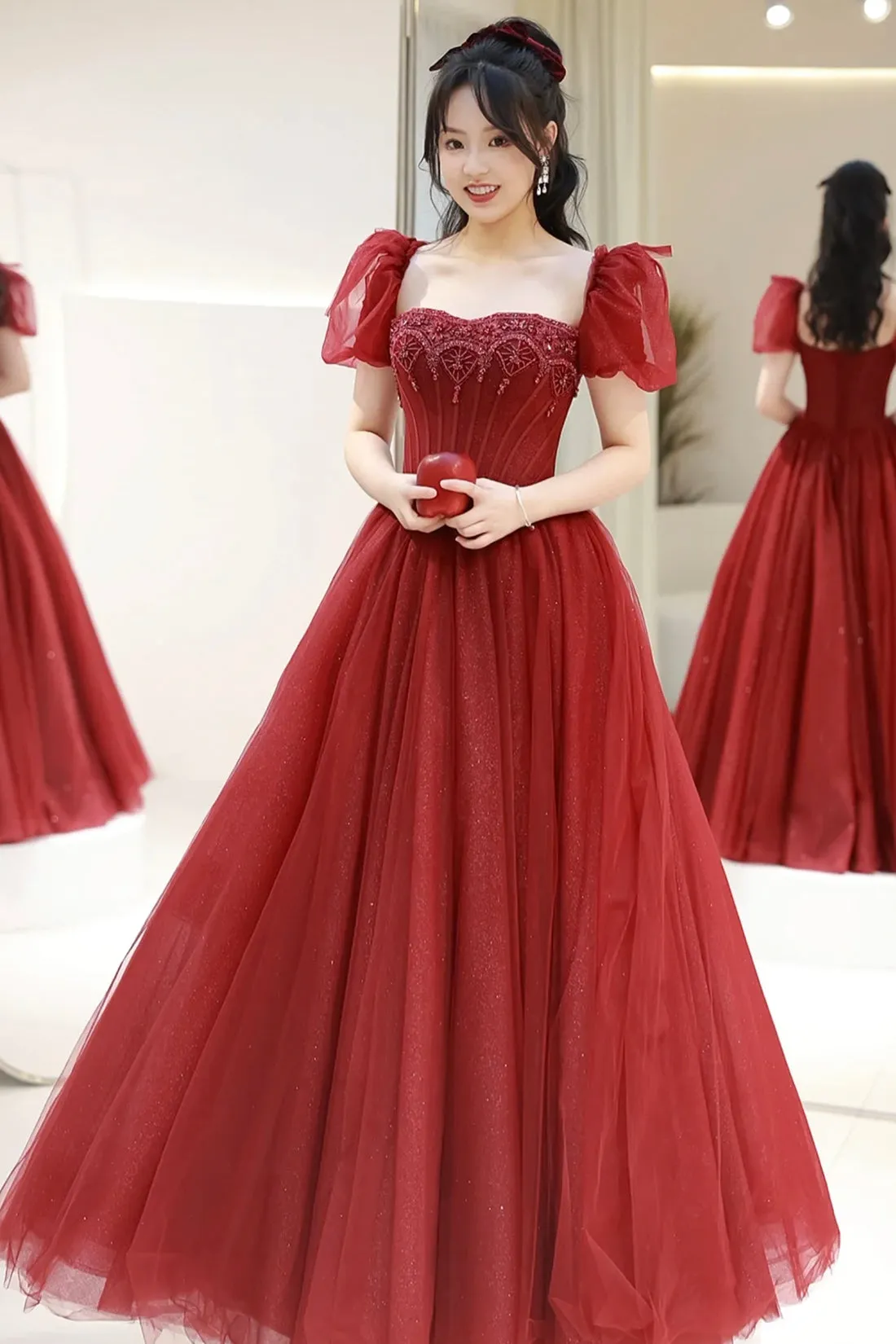 Burgundy Tulle Beaded Long Prom Dress, A-Line Short Sleeve Evening Dress