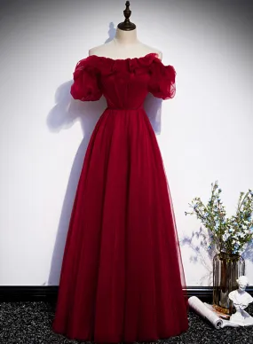 Burgundy Tulle Lace Long Prom Dress, Burgundy Evening Party Dress
