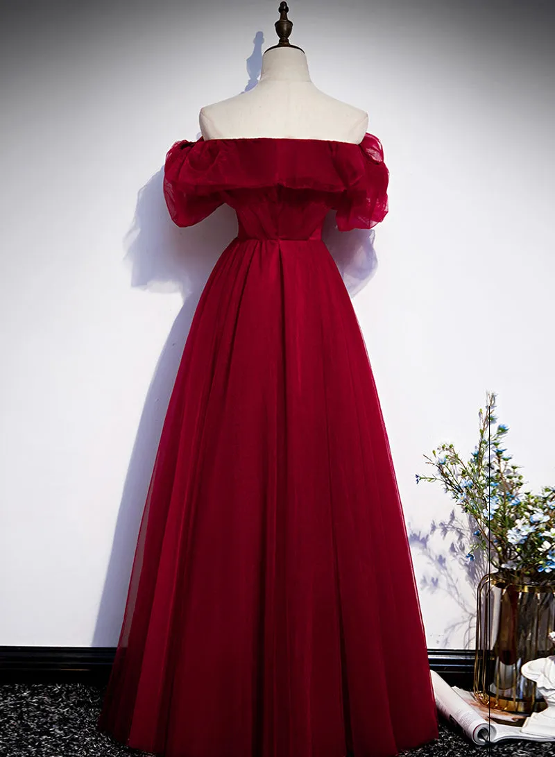 Burgundy Tulle Lace Long Prom Dress, Burgundy Evening Party Dress