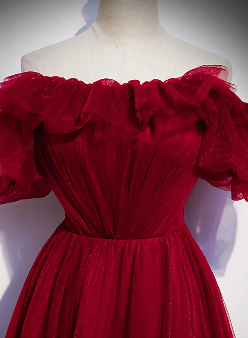 Burgundy Tulle Lace Long Prom Dress, Burgundy Evening Party Dress