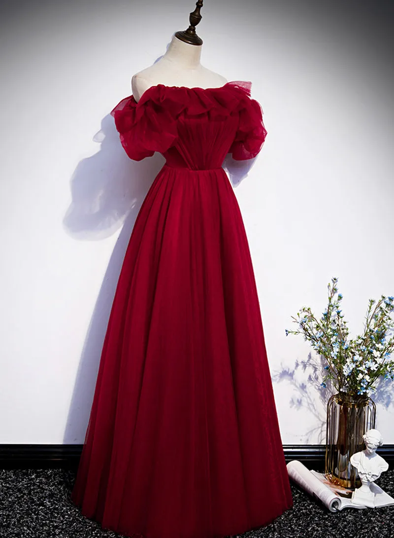 Burgundy Tulle Lace Long Prom Dress, Burgundy Evening Party Dress