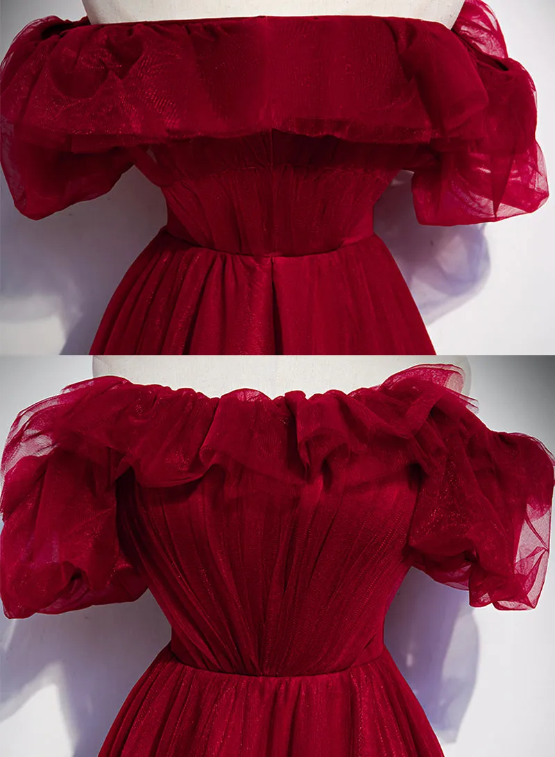 Burgundy Tulle Lace Long Prom Dress, Burgundy Evening Party Dress