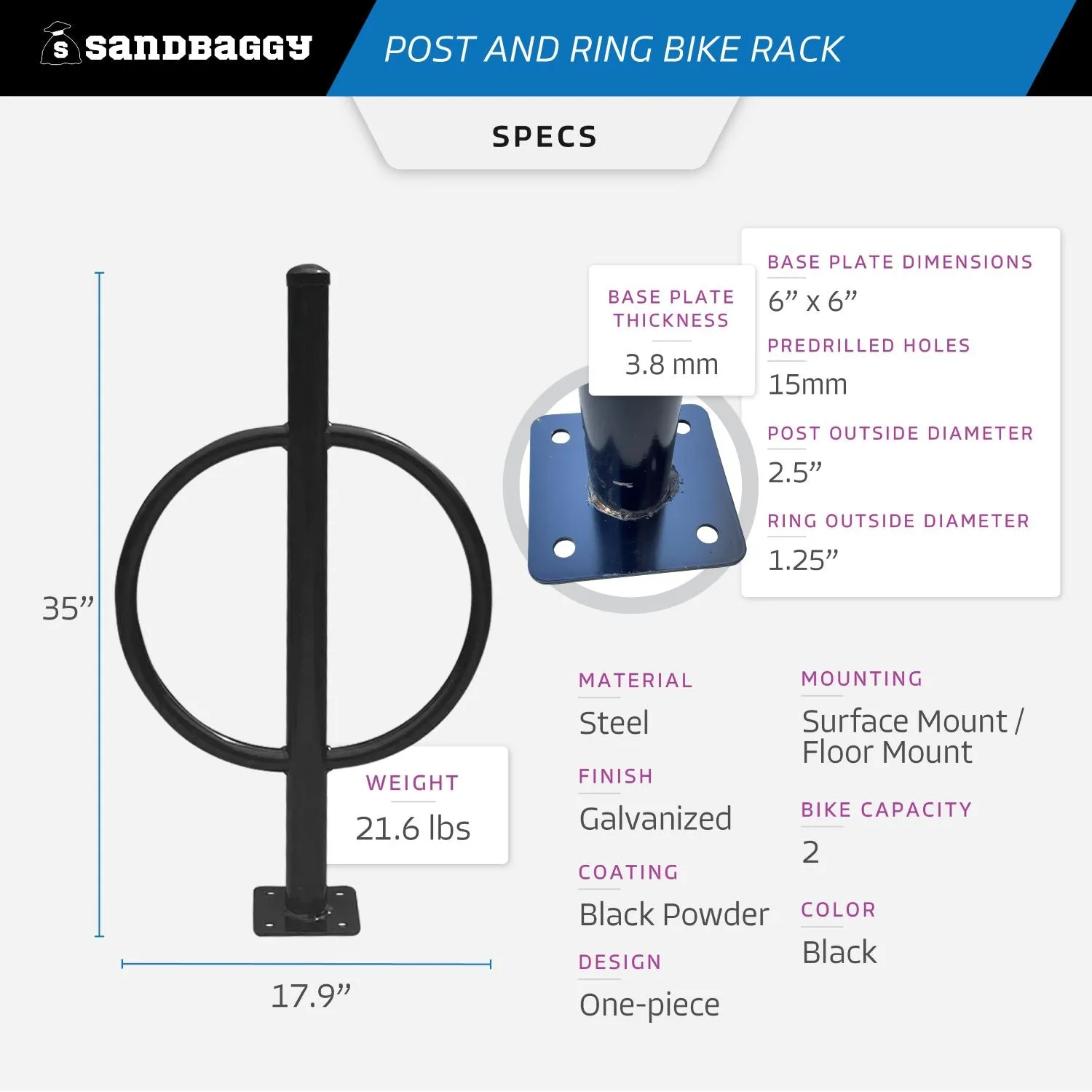Commercial Post and Ring Bike Rack - Surface Mount (2 Bike Capacity)
