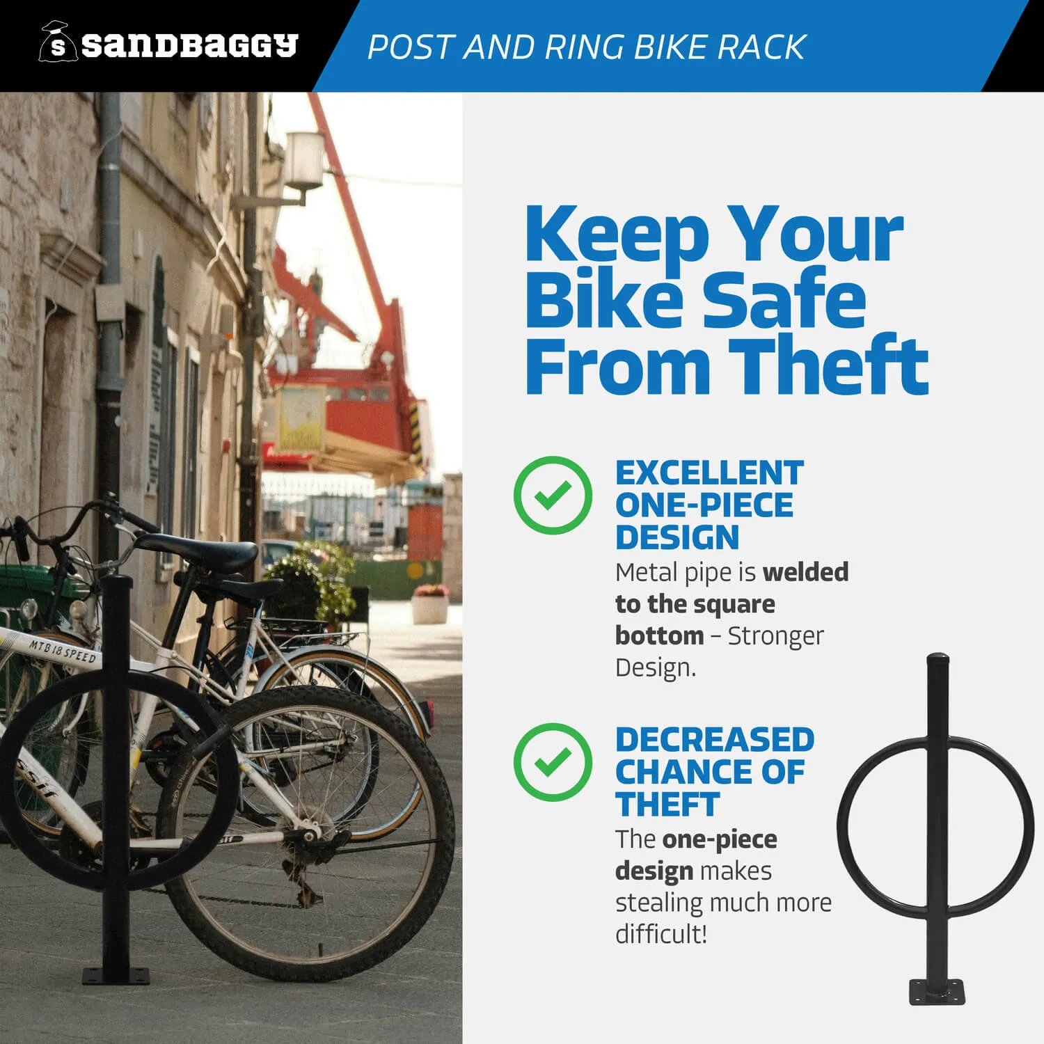 Commercial Post and Ring Bike Rack - Surface Mount (2 Bike Capacity)