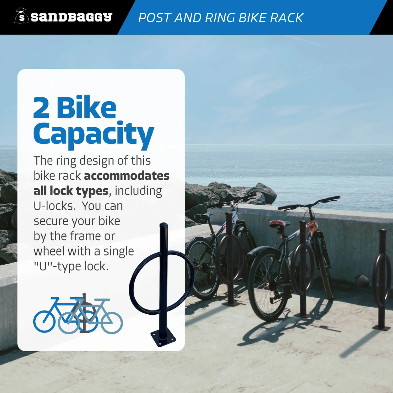 Commercial Post and Ring Bike Rack - Surface Mount (2 Bike Capacity)