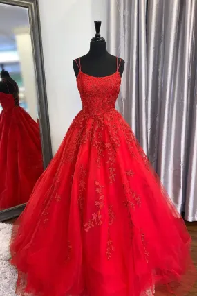Dark Red Spaghetti Strap Tulle Lace Long Prom Dress, A-Line Backless Evening Dress