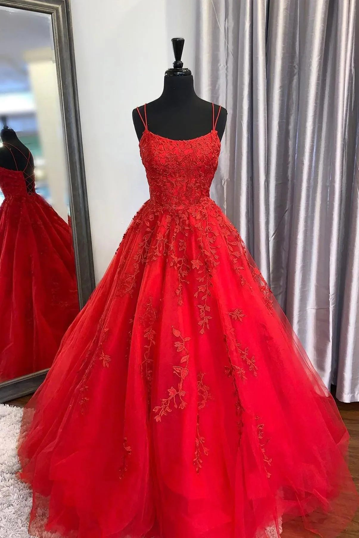 Dark Red Spaghetti Strap Tulle Lace Long Prom Dress, A-Line Backless Evening Dress