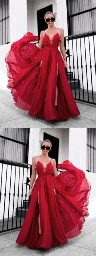 Fashion Red Long Red Prom Dress Sexy Evening Dress Side slit