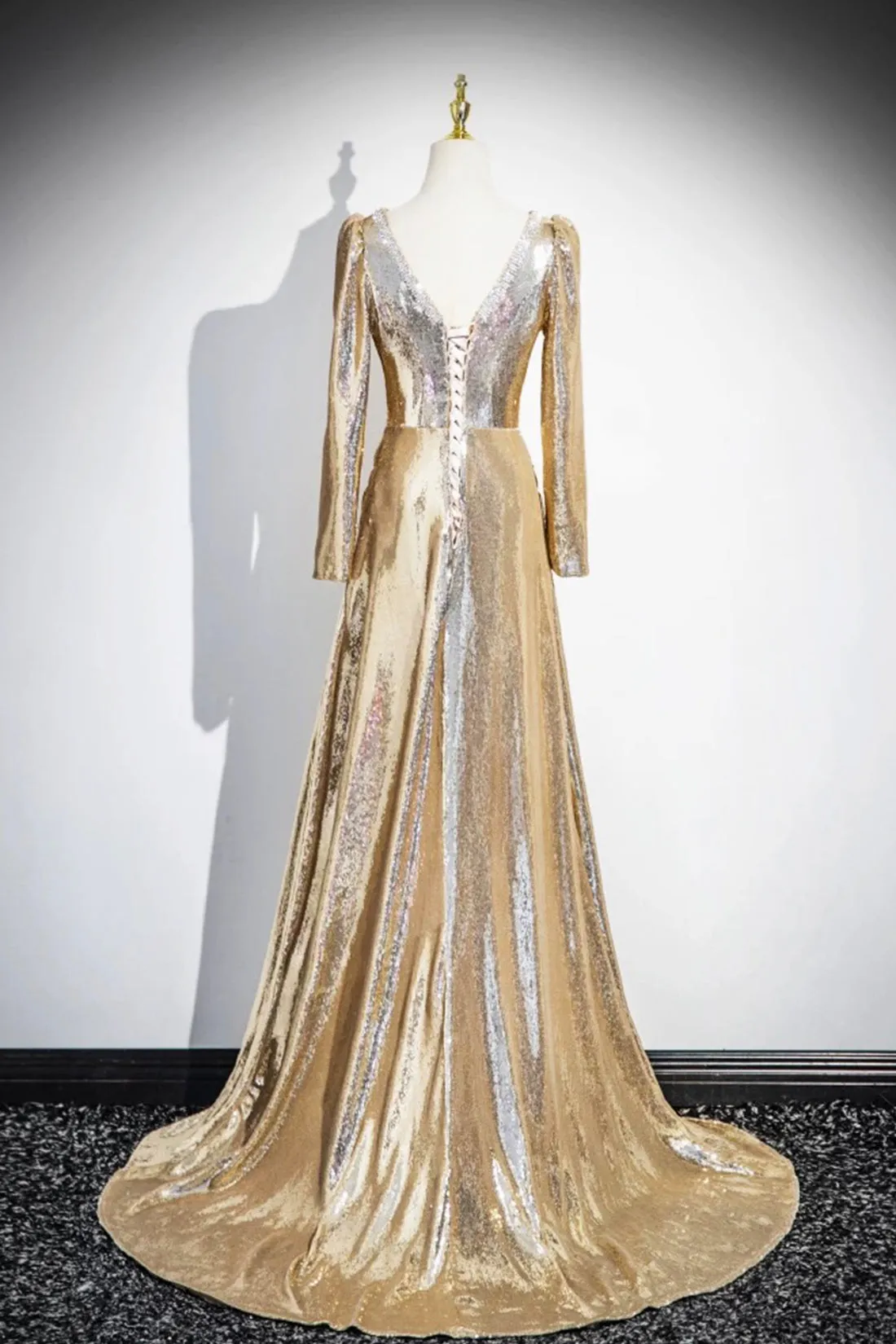 Gold Sequins V-Neck Prom Dress, Elegant Long Sleeve Evening Party Dress