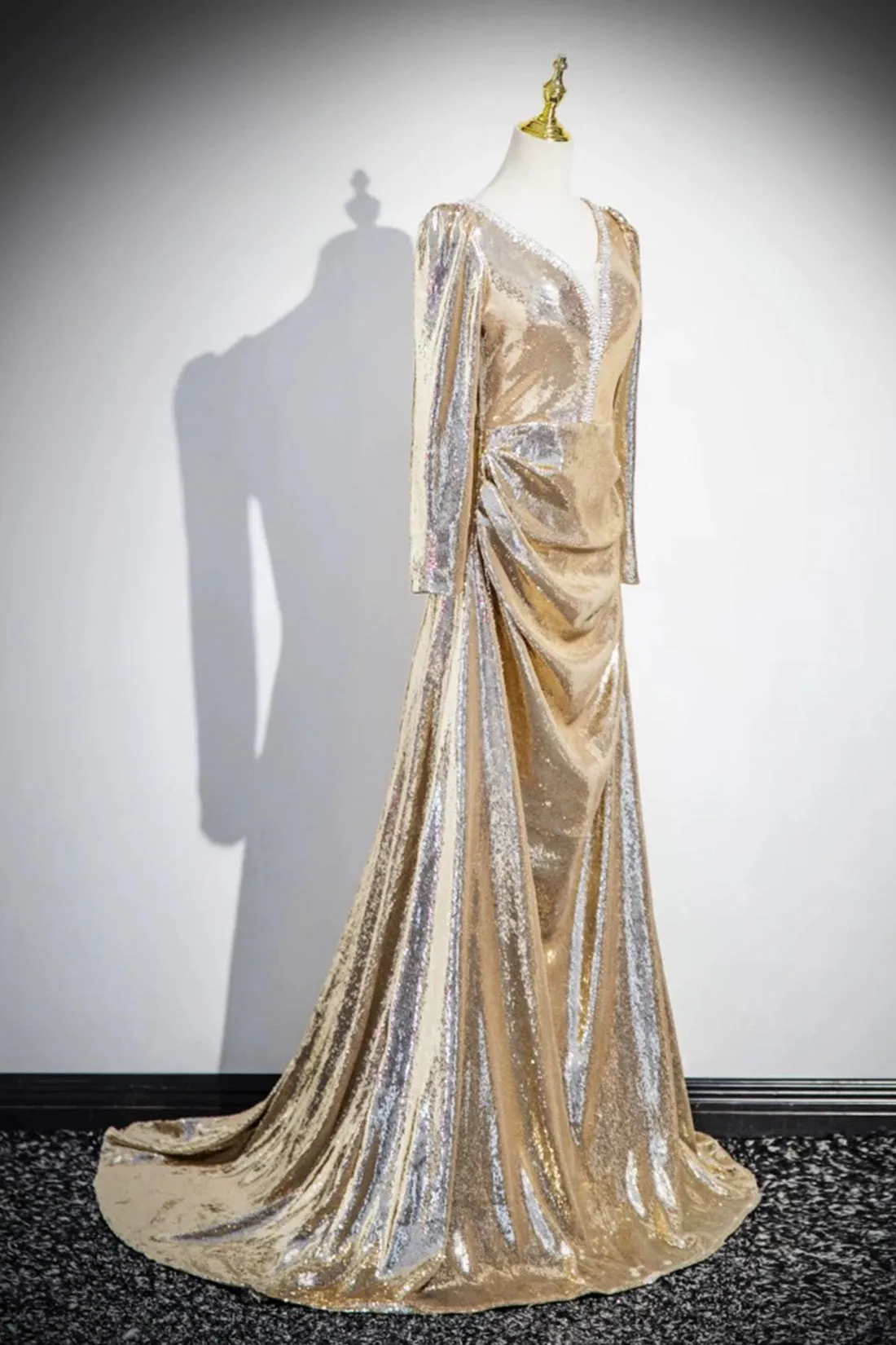 Gold Sequins V-Neck Prom Dress, Elegant Long Sleeve Evening Party Dress