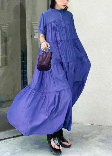 Handmade stand collar Cinched cotton dresses Wardrobes green long Dresses