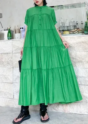 Handmade stand collar Cinched cotton dresses Wardrobes green long Dresses