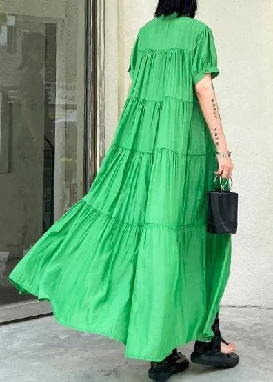 Handmade stand collar Cinched cotton dresses Wardrobes green long Dresses