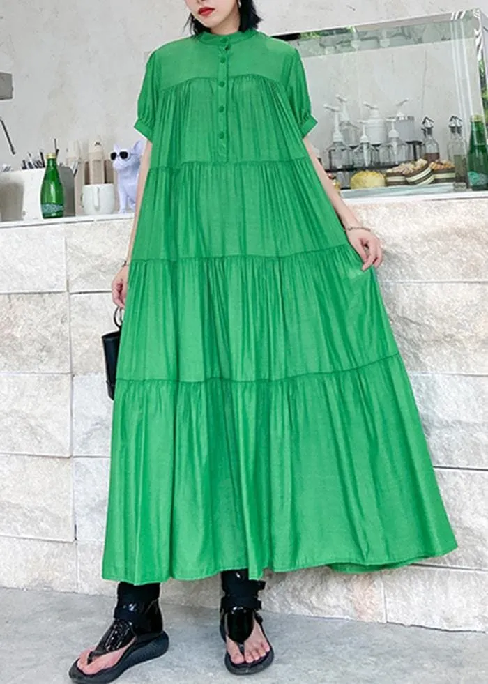 Handmade stand collar Cinched cotton dresses Wardrobes green long Dresses