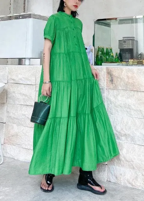 Handmade stand collar Cinched cotton dresses Wardrobes green long Dresses