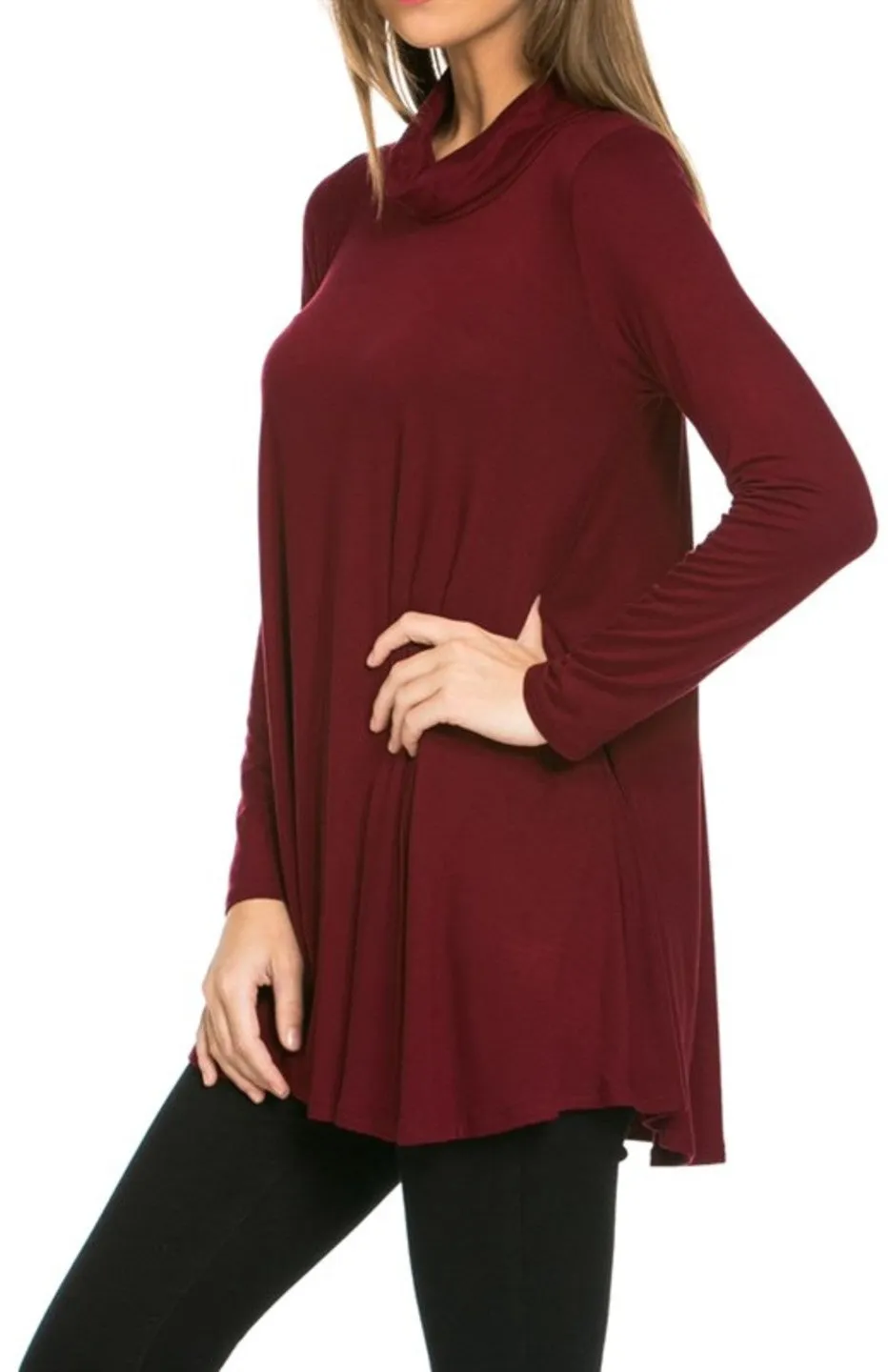Long Sleeve Cowl Neck A-Line Tunic Dress