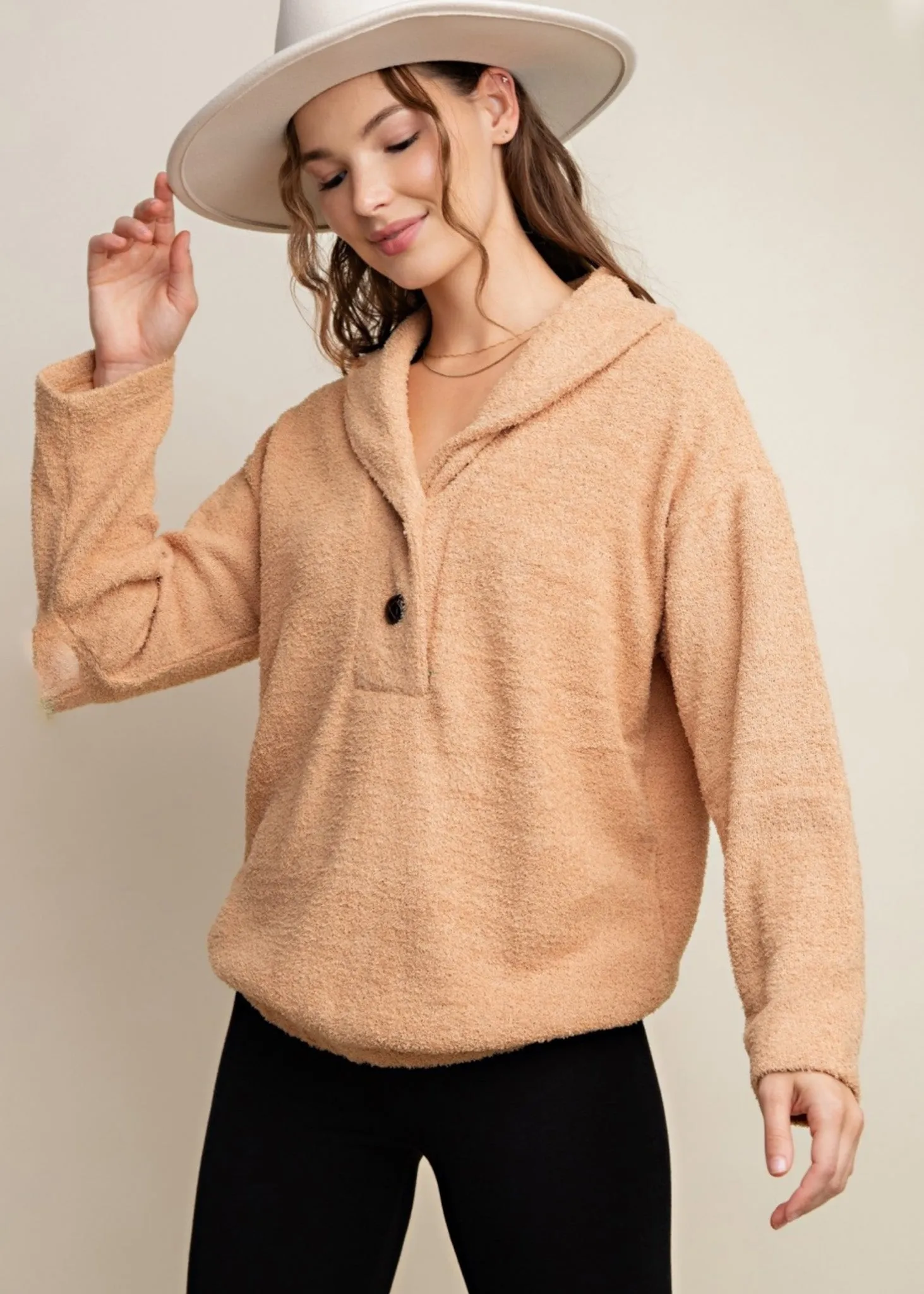 Lucia, Womens Pullover Sweater, Shawl Collar, 2 Buttons, Long Sleeve, Tan