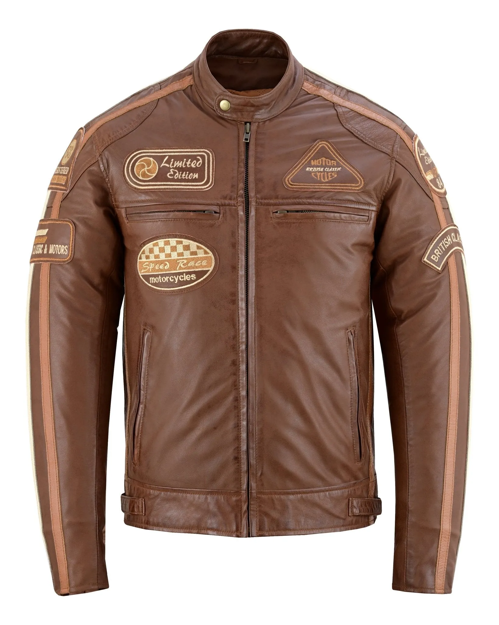 Mens British Motorcycle Black Wax Leather Badges Jacket Biker Tan Green Striped