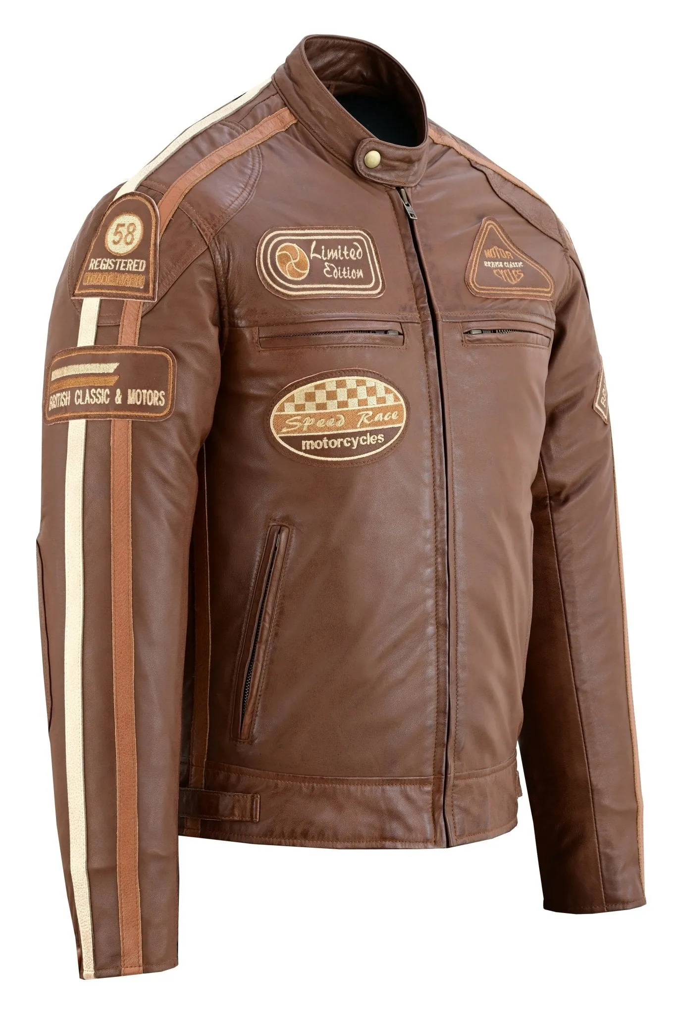 Mens British Motorcycle Black Wax Leather Badges Jacket Biker Tan Green Striped