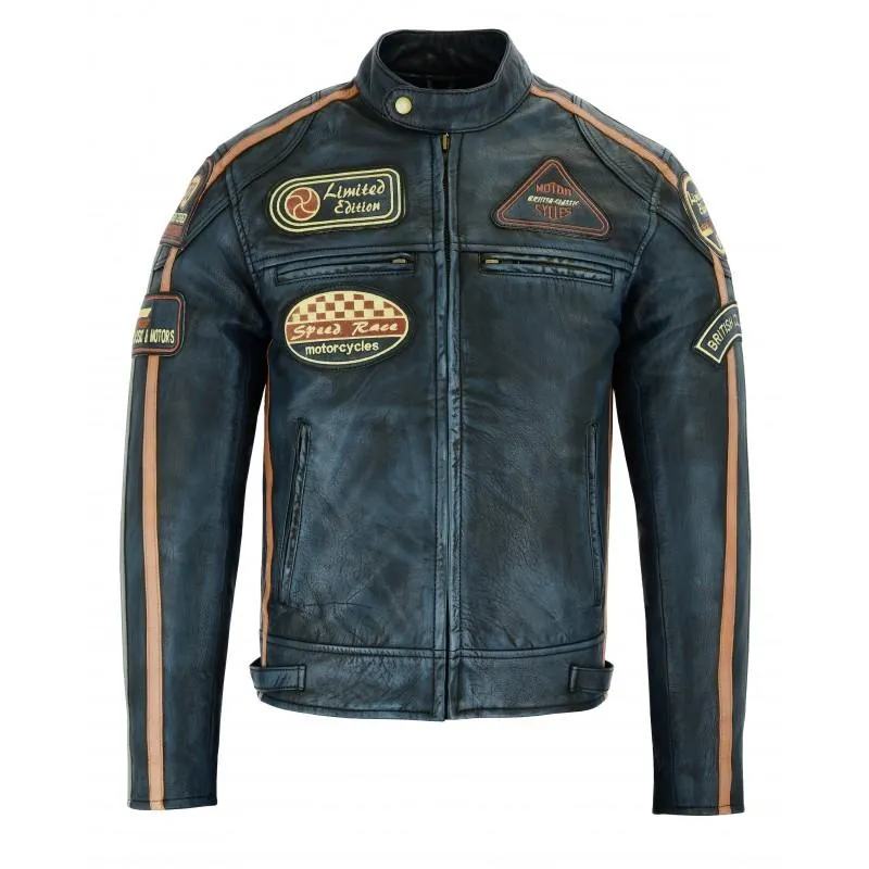 Mens British Motorcycle Black Wax Leather Badges Jacket Biker Tan Green Striped