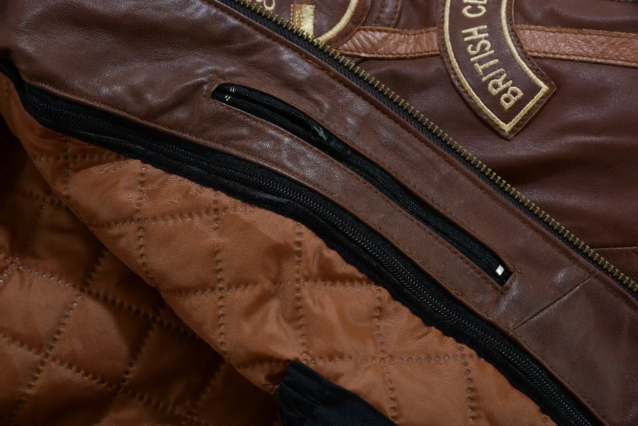 Mens British Motorcycle Black Wax Leather Badges Jacket Biker Tan Green Striped