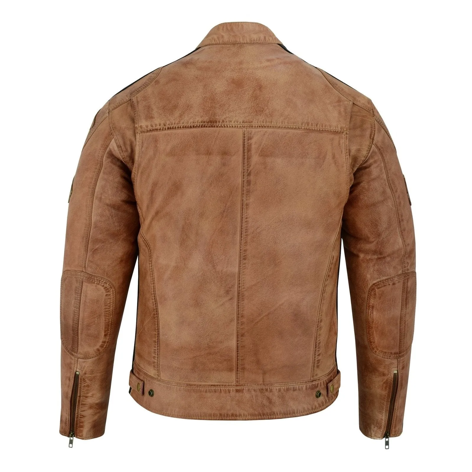 Mens British Motorcycle Black Wax Leather Badges Jacket Biker Tan Green Striped