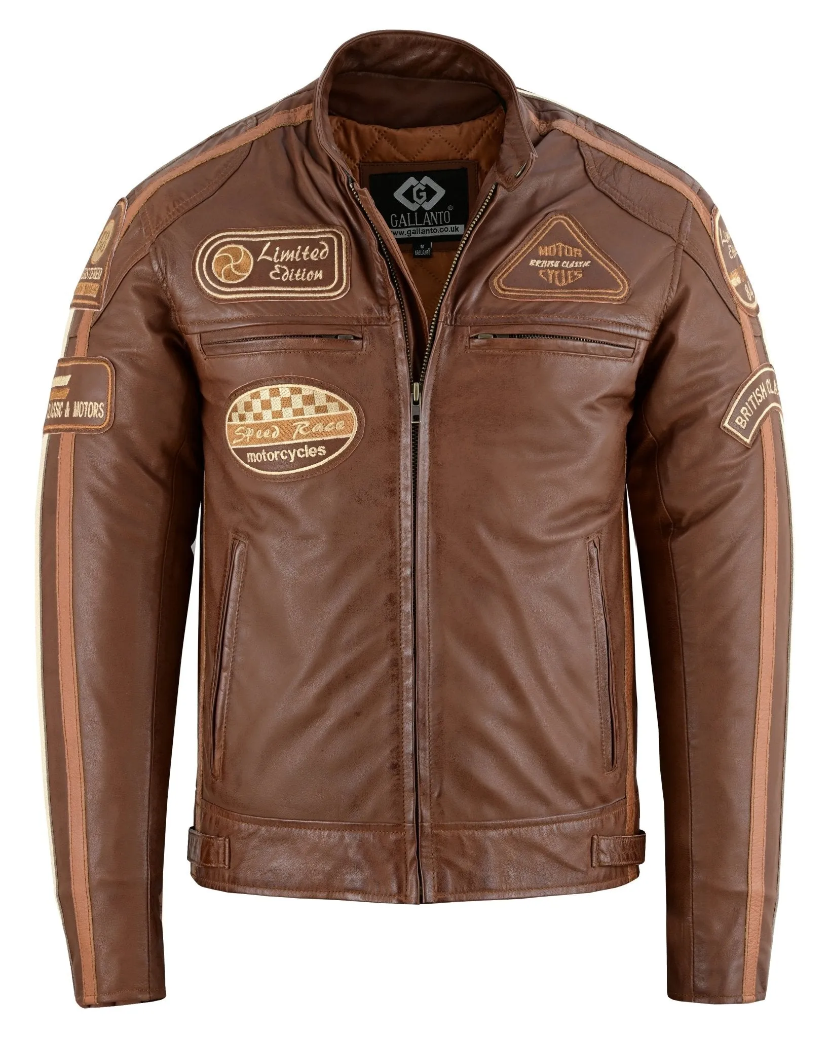Mens British Motorcycle Black Wax Leather Badges Jacket Biker Tan Green Striped