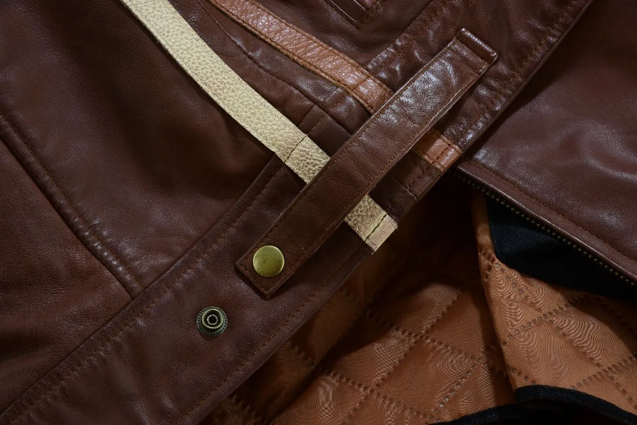 Mens British Motorcycle Black Wax Leather Badges Jacket Biker Tan Green Striped