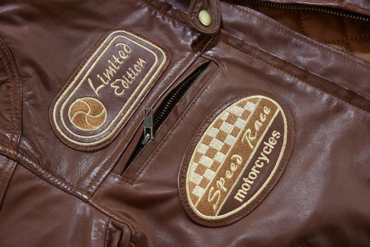 Mens British Motorcycle Black Wax Leather Badges Jacket Biker Tan Green Striped