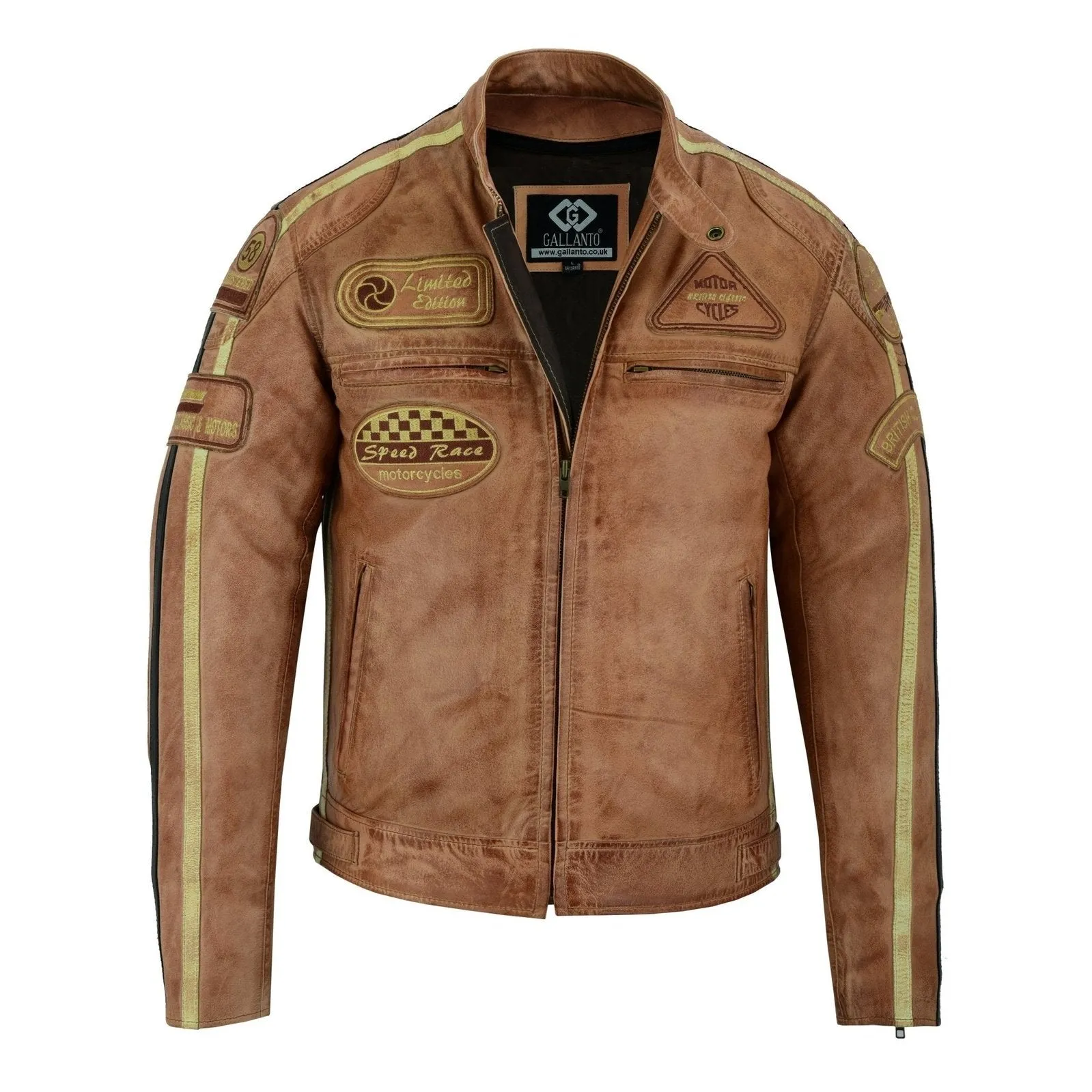 Mens British Motorcycle Black Wax Leather Badges Jacket Biker Tan Green Striped