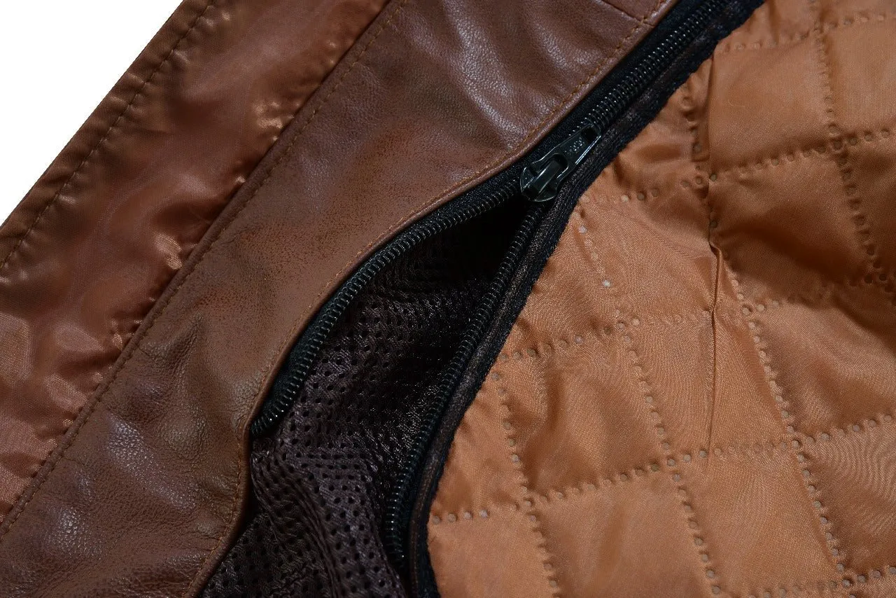 Mens British Motorcycle Black Wax Leather Badges Jacket Biker Tan Green Striped