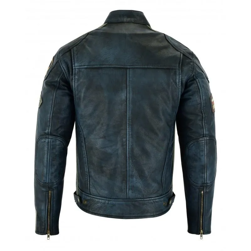 Mens British Motorcycle Black Wax Leather Badges Jacket Biker Tan Green Striped