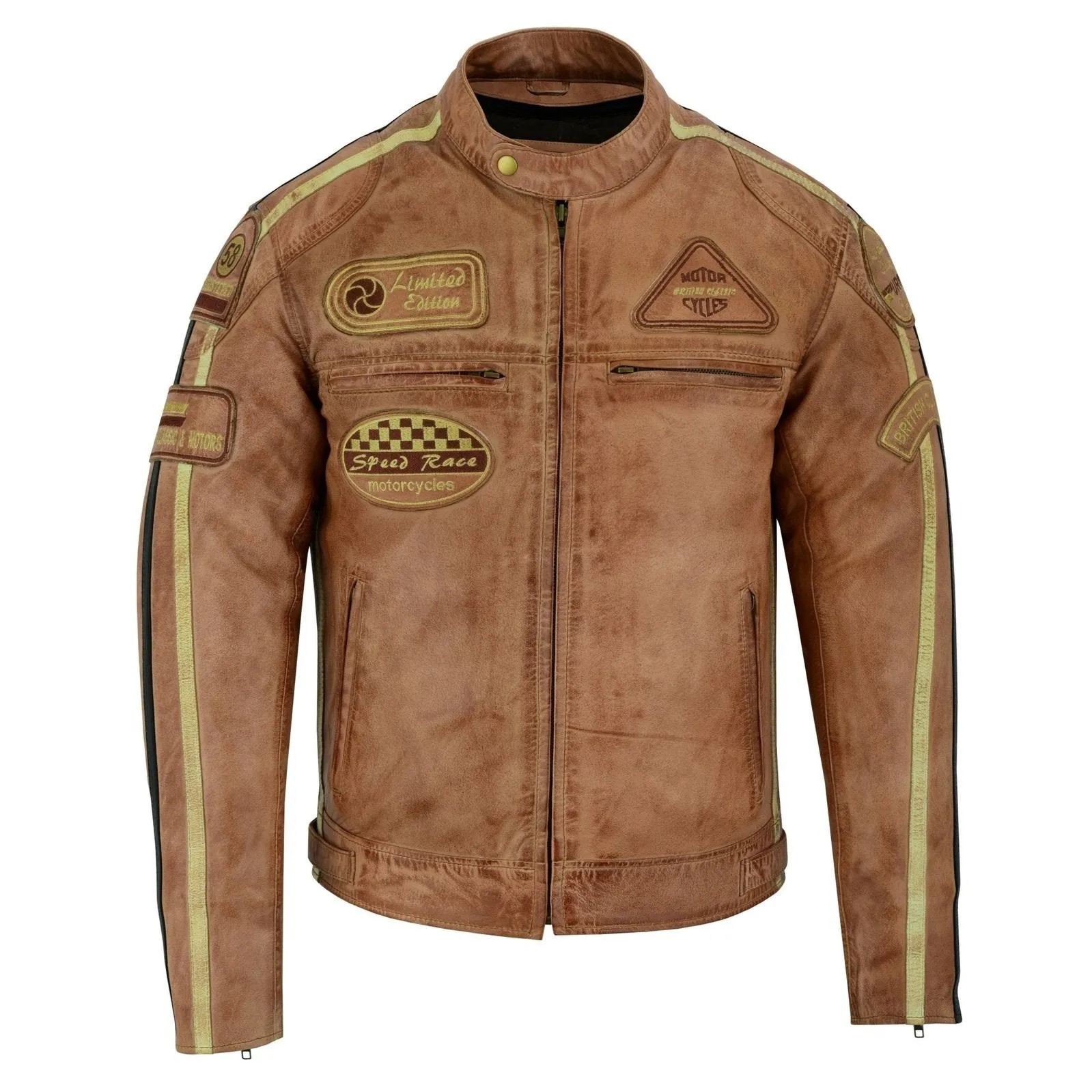Mens British Motorcycle Black Wax Leather Badges Jacket Biker Tan Green Striped