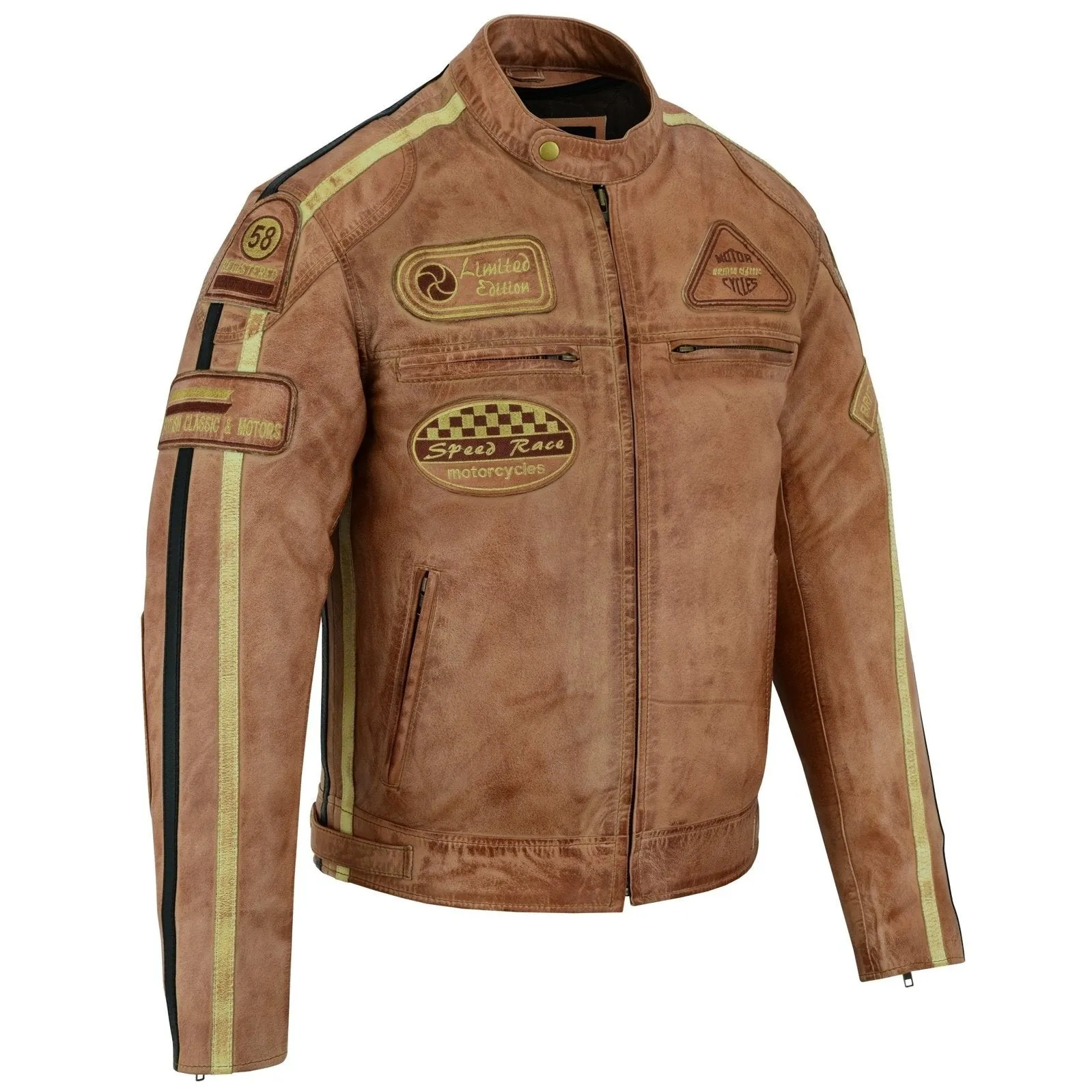 Mens British Motorcycle Black Wax Leather Badges Jacket Biker Tan Green Striped