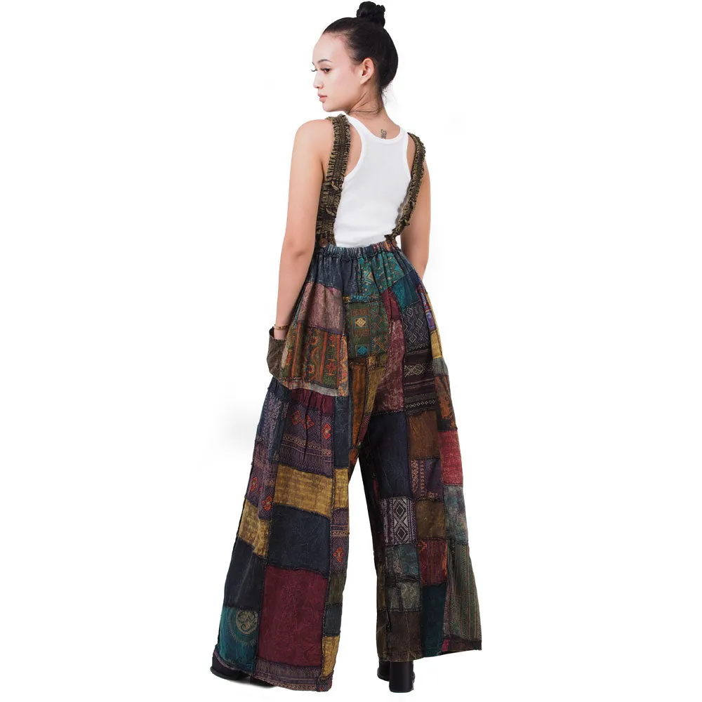Midnight Black Wide-Leg Patchwork Jumpsuit Overall