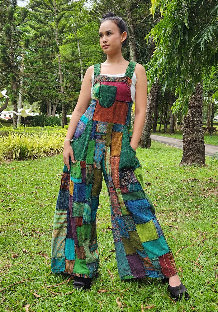 Midnight Black Wide-Leg Patchwork Jumpsuit Overall