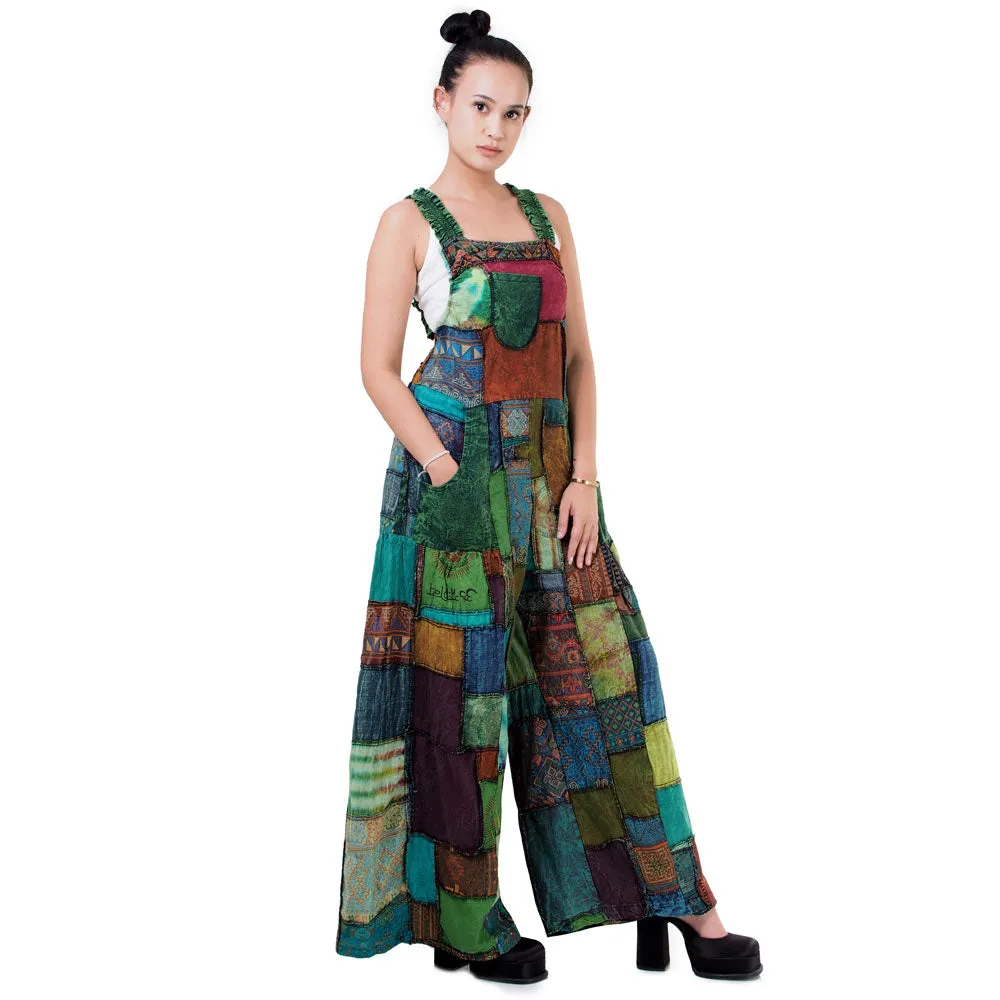 Midnight Black Wide-Leg Patchwork Jumpsuit Overall