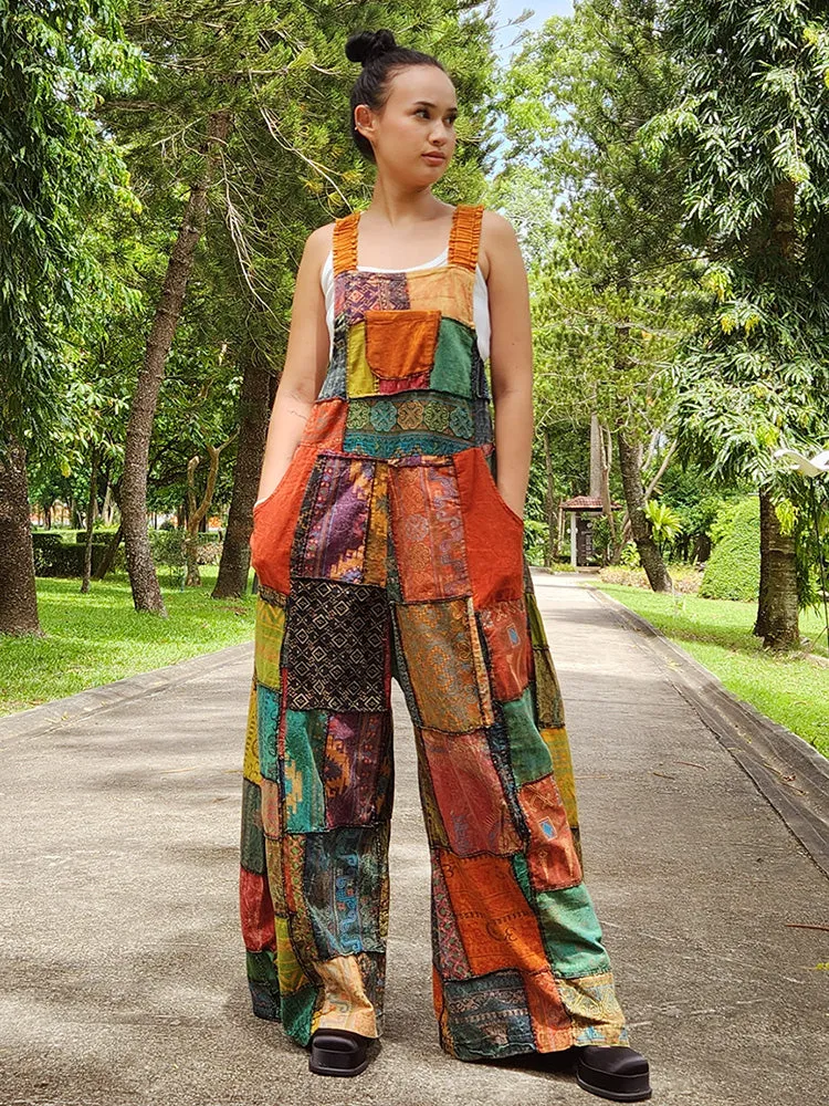 Midnight Black Wide-Leg Patchwork Jumpsuit Overall